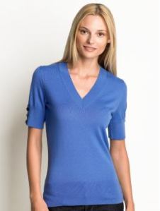 a woman in a blue shirt
